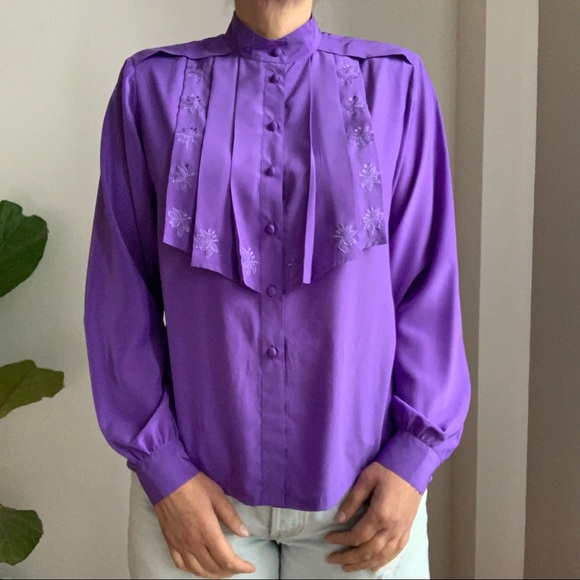 VINTAGE Purple Blouse Shirt Polyester Size M - Picture 6 of 12